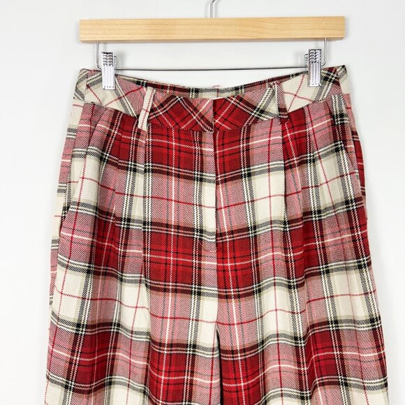 NEW H&M Red Tarttan Plaid Pleated Pants Tapered Leg Holiday Size 8 Women's - Picture 2 of 4